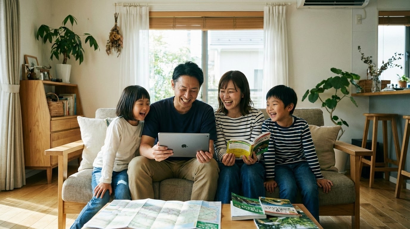 リビングでタブレットを見ながら楽しそうにファミリーキャンプの計画を立てる家族