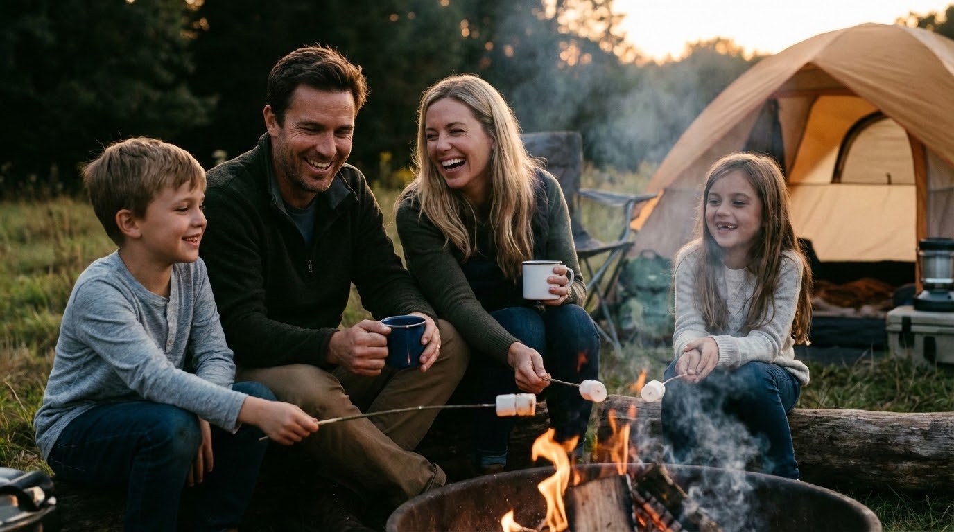 夕暮れのキャンプ場で焚き火を囲んでくつろぐ笑顔の家族