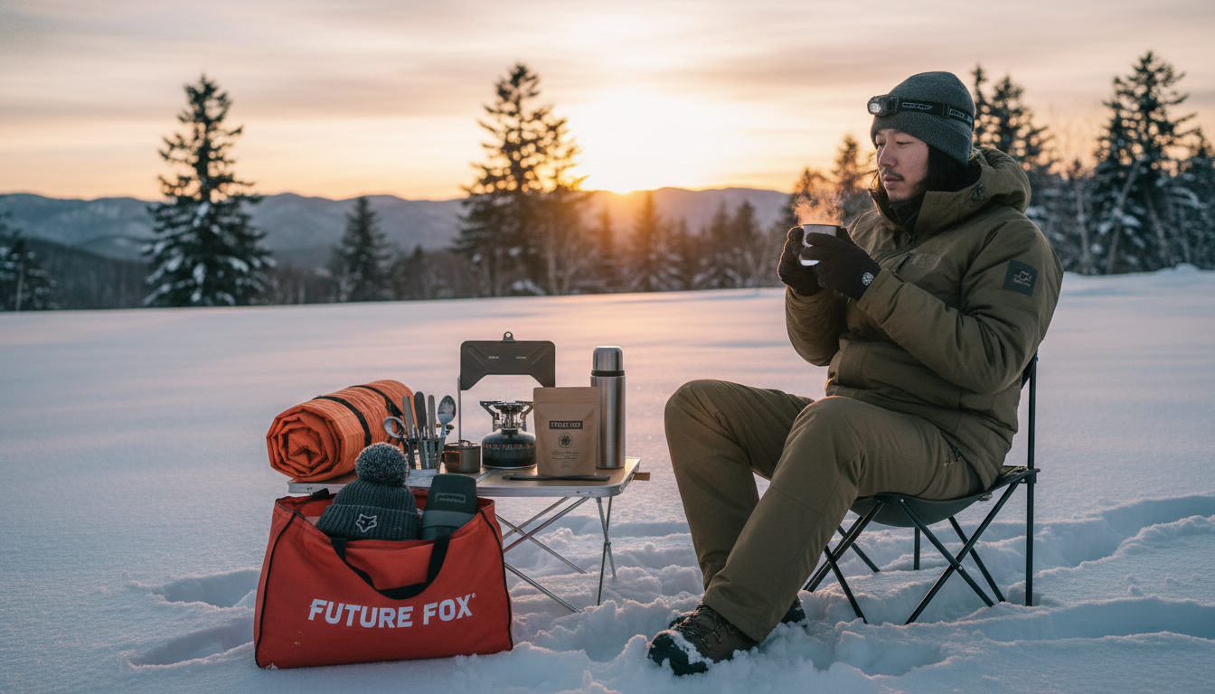 FUTURE FOX福袋の中身をネタバレ。冬の夕暮れ時に雪景色の中で温かいコーヒーを楽しむキャンパーの様子。
