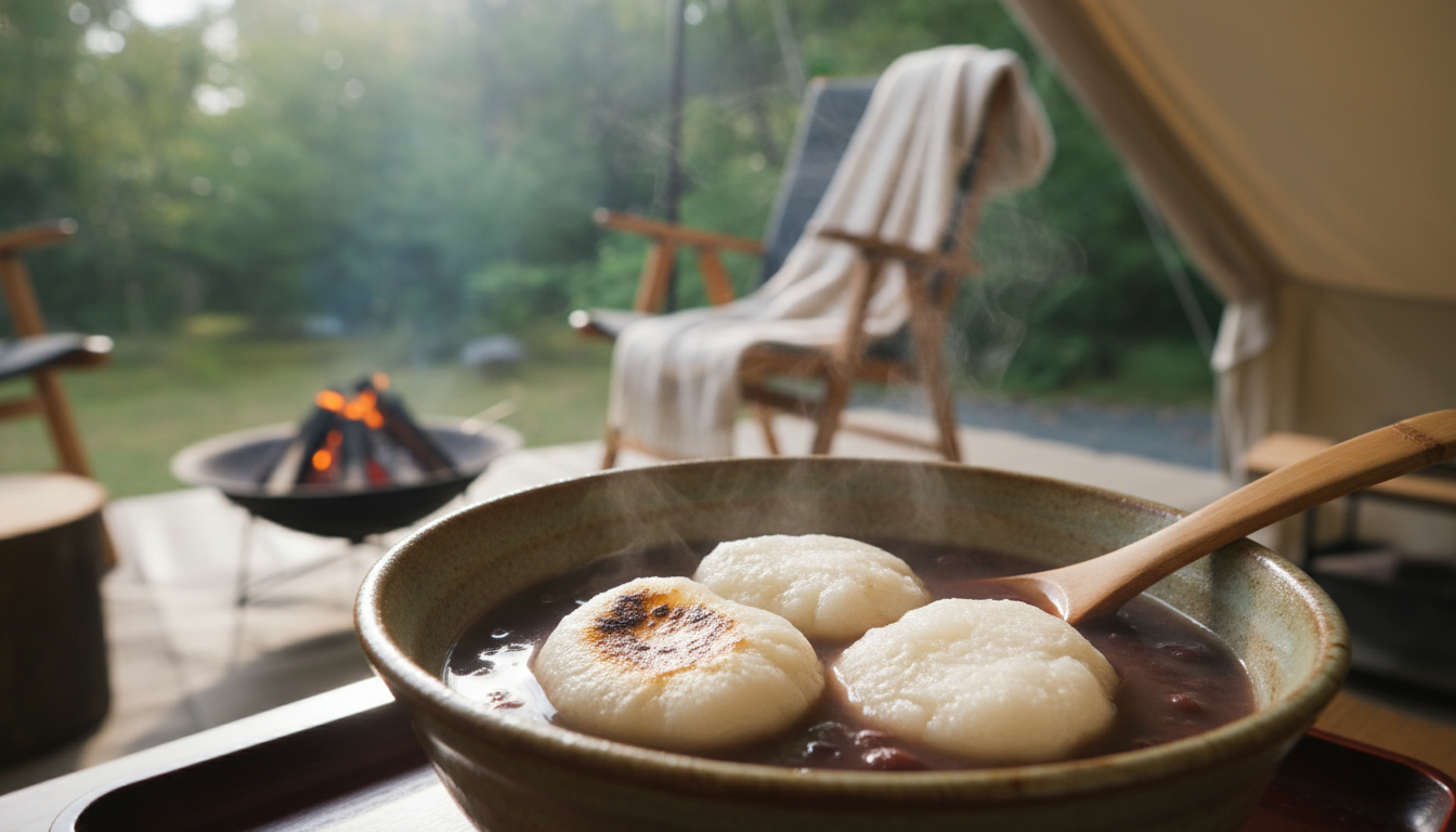 一宮のグランピング施設で提供される温かいお汁粉とつきたてのお餅
