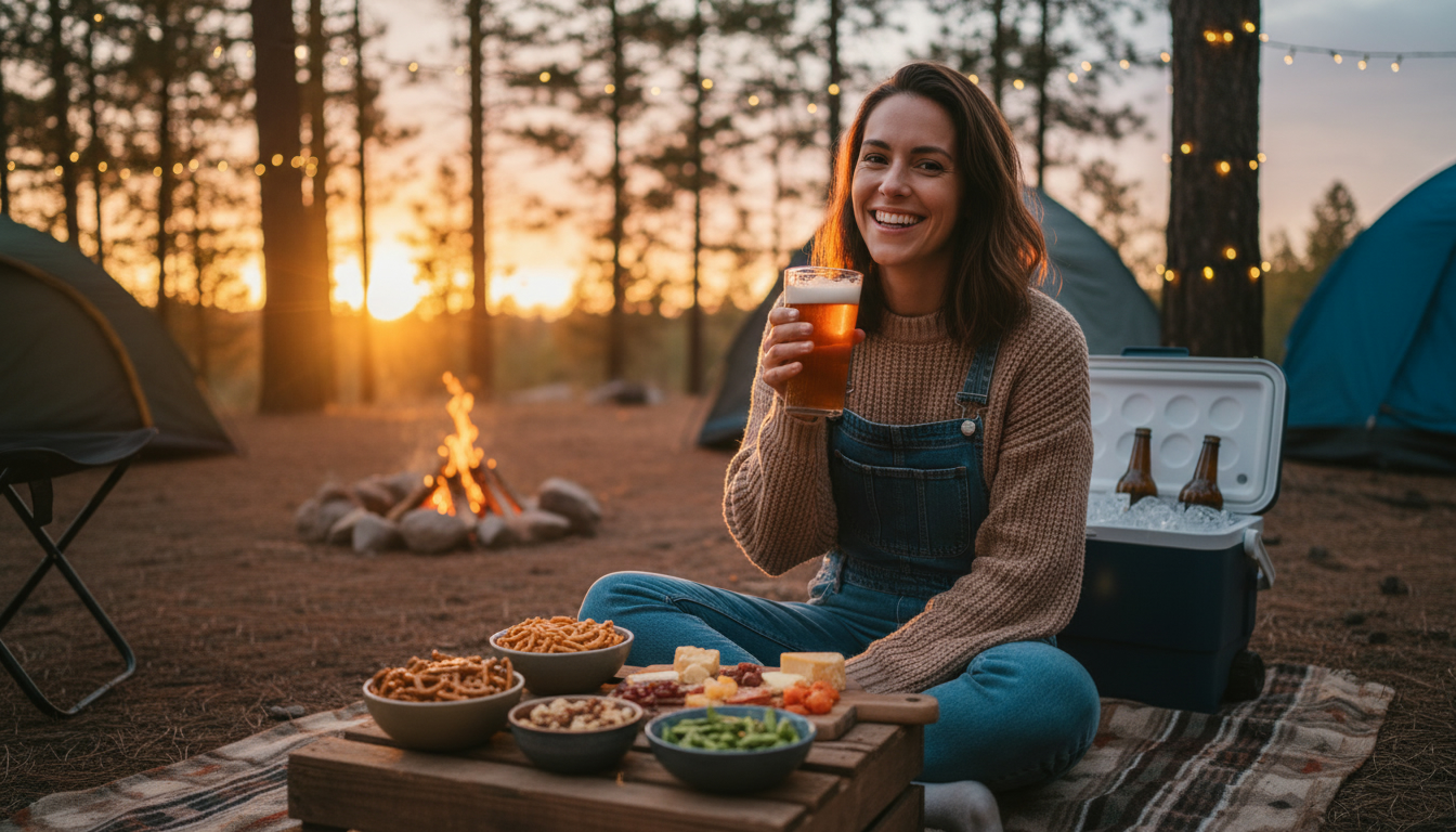 ビールに合うおつまみ簡単に用意して、キャンプ場で冷えたビールを楽しみながら笑顔で過ごす女性の様子。夕暮れ時の居心地の良い雰囲気。
