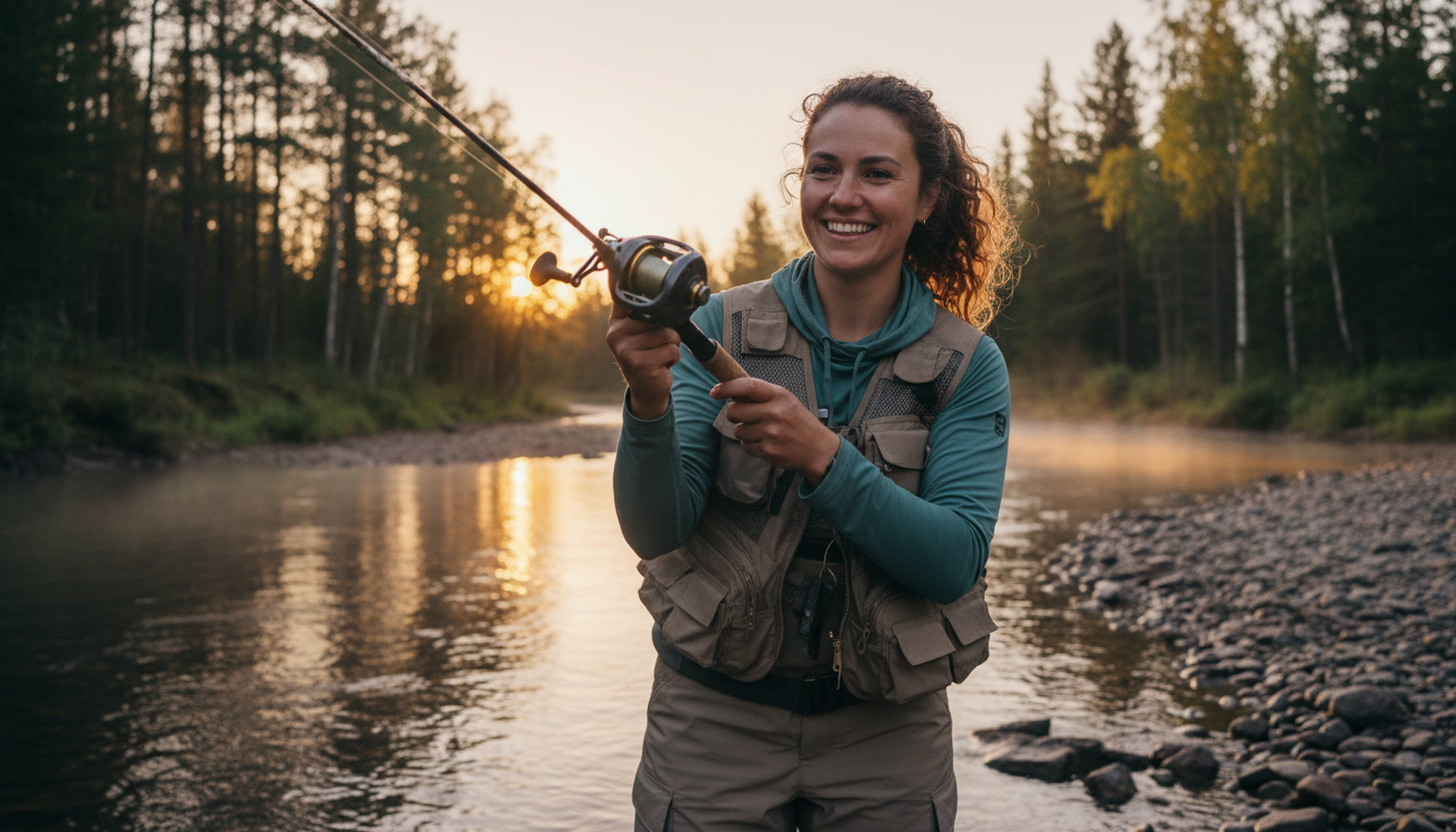 最新のベイトリールを手にして笑顔の女性アングラー