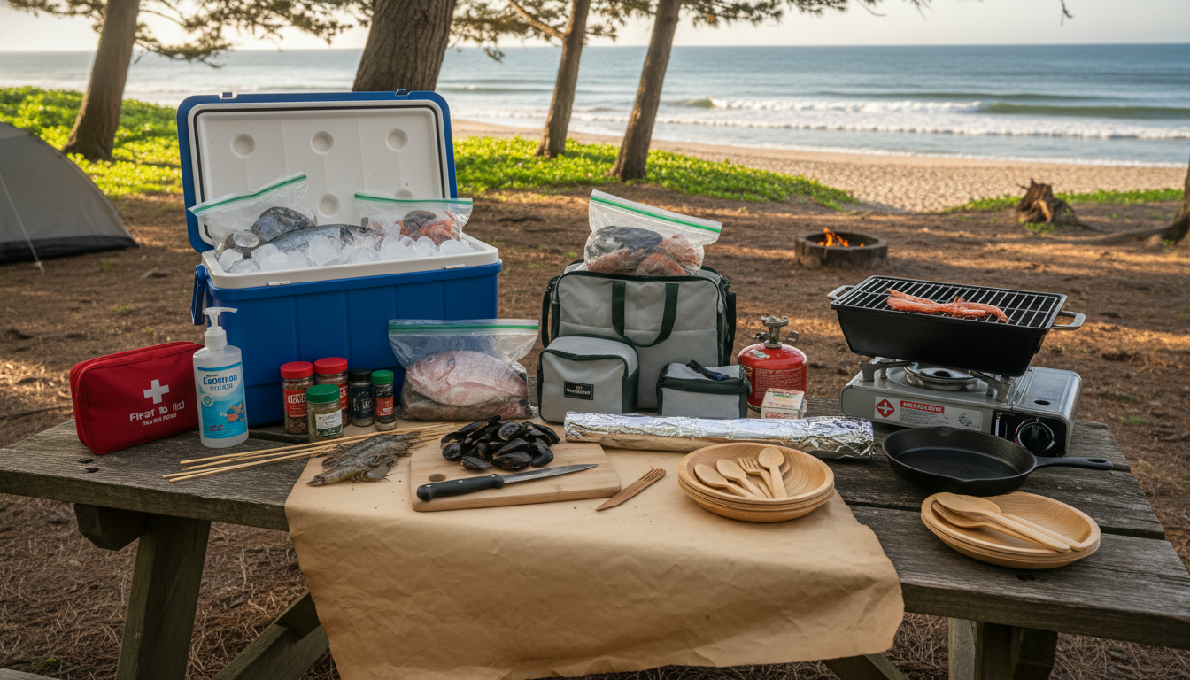 海辺のキャンプ場で楽しむ新鮮な海鮮バーベキューと持ち物リストのイメージ