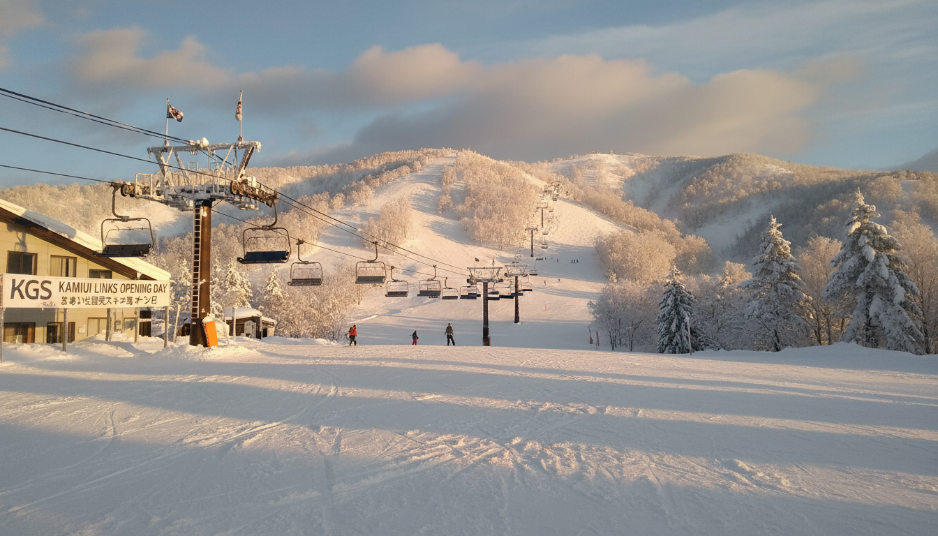 かもい岳国際スキー場 オープン日の雪山とリフトの風景