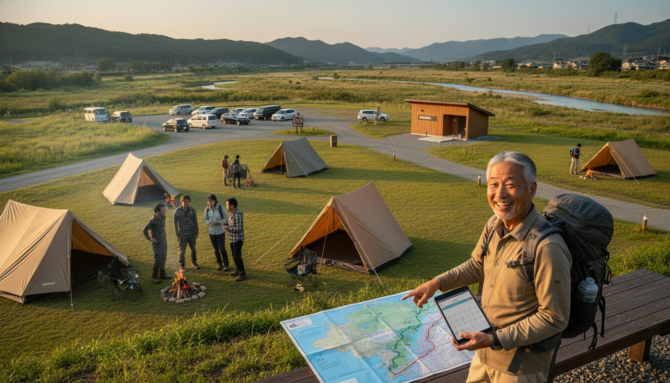 関東の絶景キャンプ場、晴天の富士山を望む開放的なテントサイト