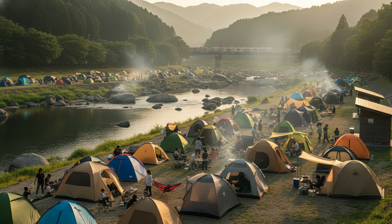 笠置キャンプ場の混雑状況を確認しながらテントを張る様子