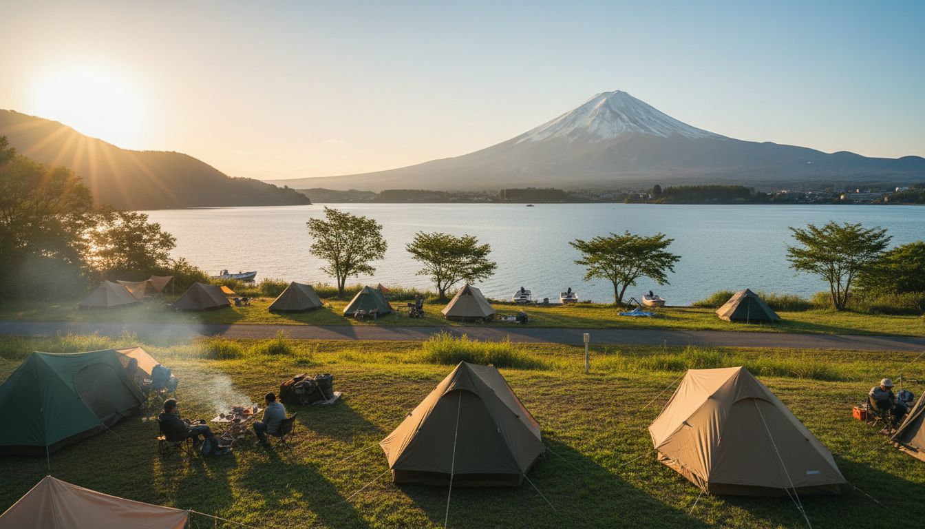 本栖湖畔のテントから望む富士山の絶景と浩庵キャンプ場の様子