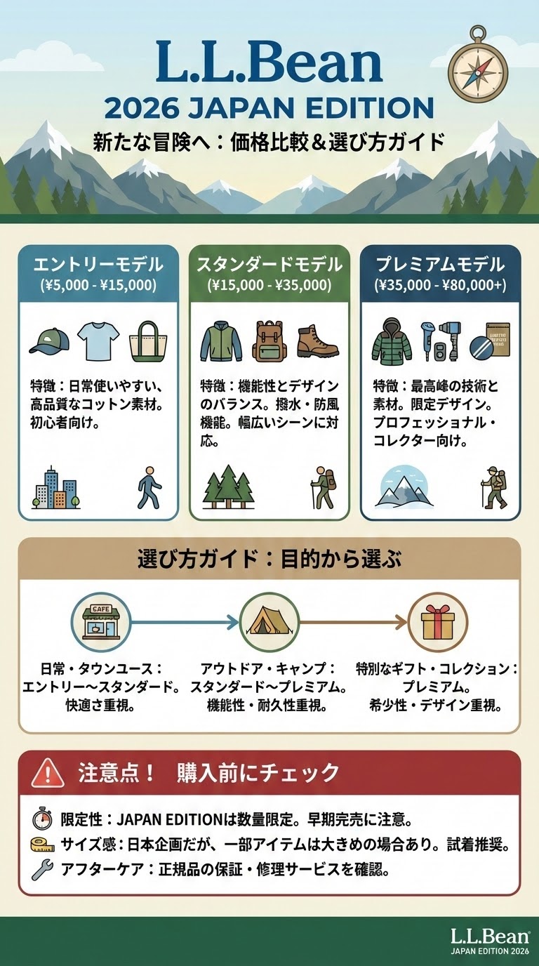 L.L.Bean 2026 価格比較のために並べられた新作フィールドコートが、冬の朝日を浴びて森の中に佇んでいる様子。