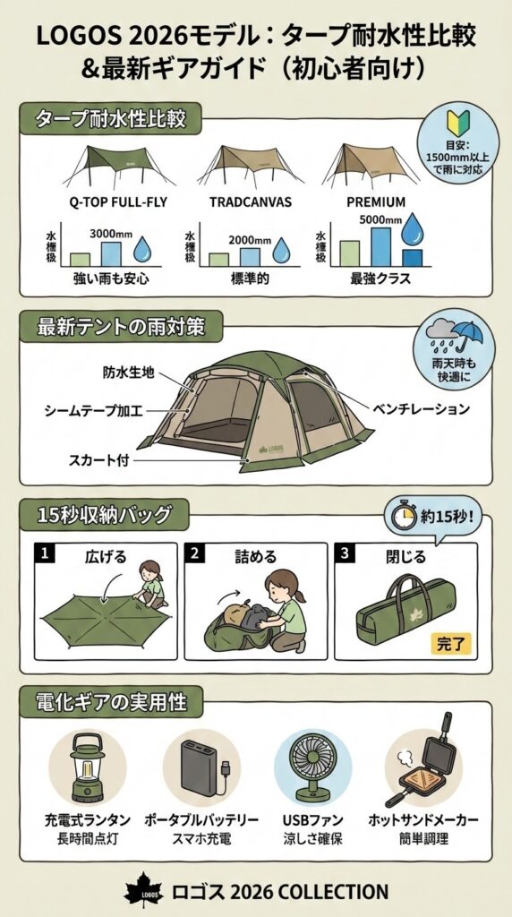 ロゴス 2026モデル タープ 耐水性 比較と最新ギア