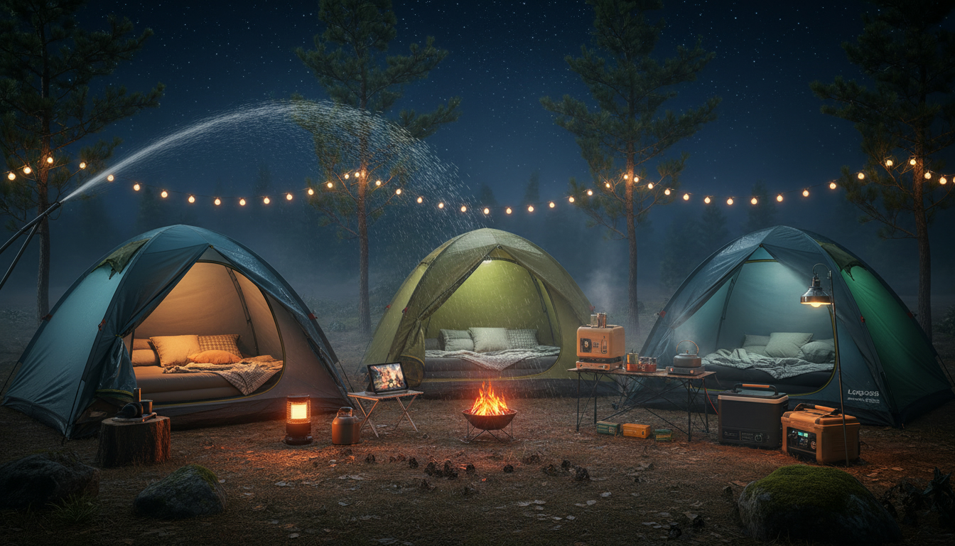 ロゴス2026モデルの耐水性比較を確認し、夜のキャンプを楽しむための電化キャンプギアと快適なテント内部。