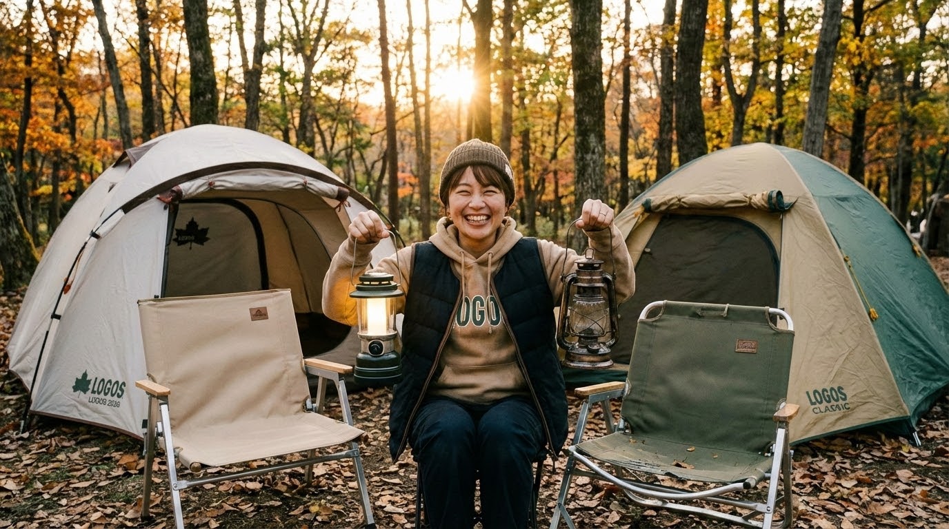 ロゴス2026新作旧モデルの違いを楽しみながらキャンプの準備をする女性キャンパーの笑顔。
