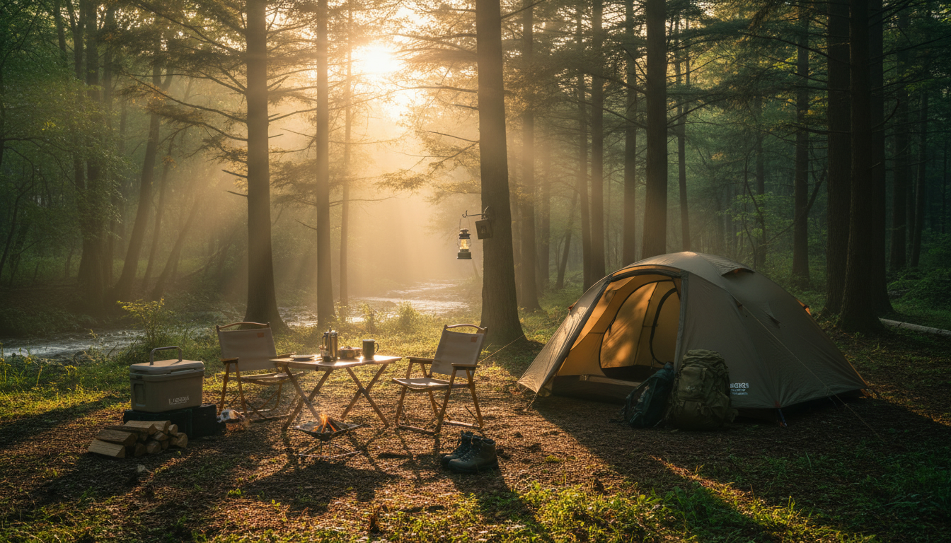 ロゴス2026新製品の選び方を実践し、朝日が差し込む静かな森で快適に整えられたキャンプサイトの様子
