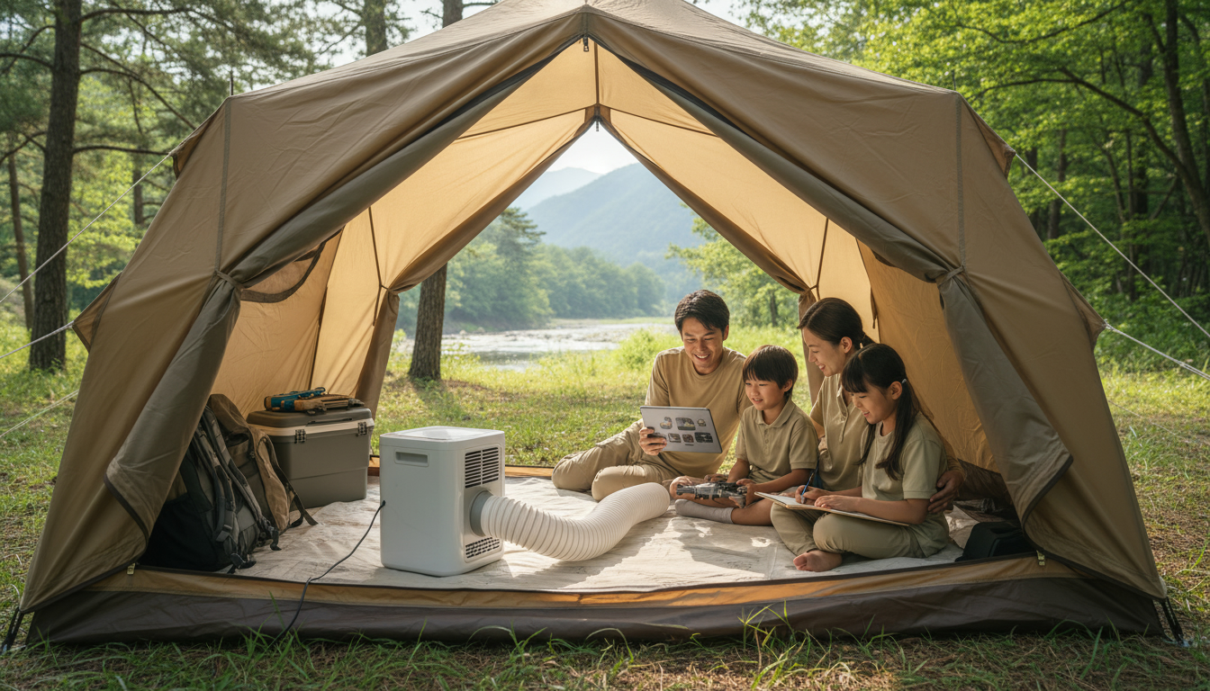 ロゴス2026タープ選びで快適さを追求した、ポータブルエアコンのあるテント内でくつろぐ幸せな家族の様子。