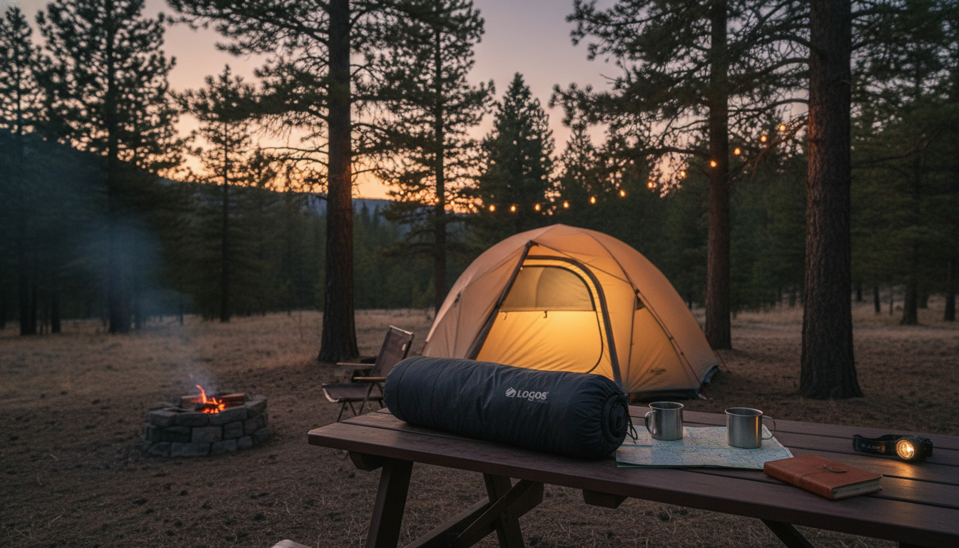 ロゴスのシュラフバッグで片付けを終えた後の静かな夕暮れのキャンプ場と温かく光るテント