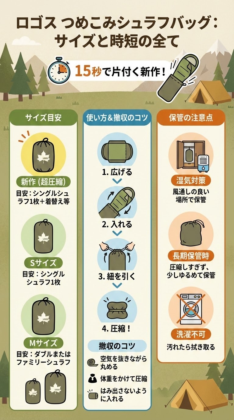 ロゴスつめこみシュラフバッグのサイズ感を確認しながら、キャンプ場で寝袋を素早く収納している様子。