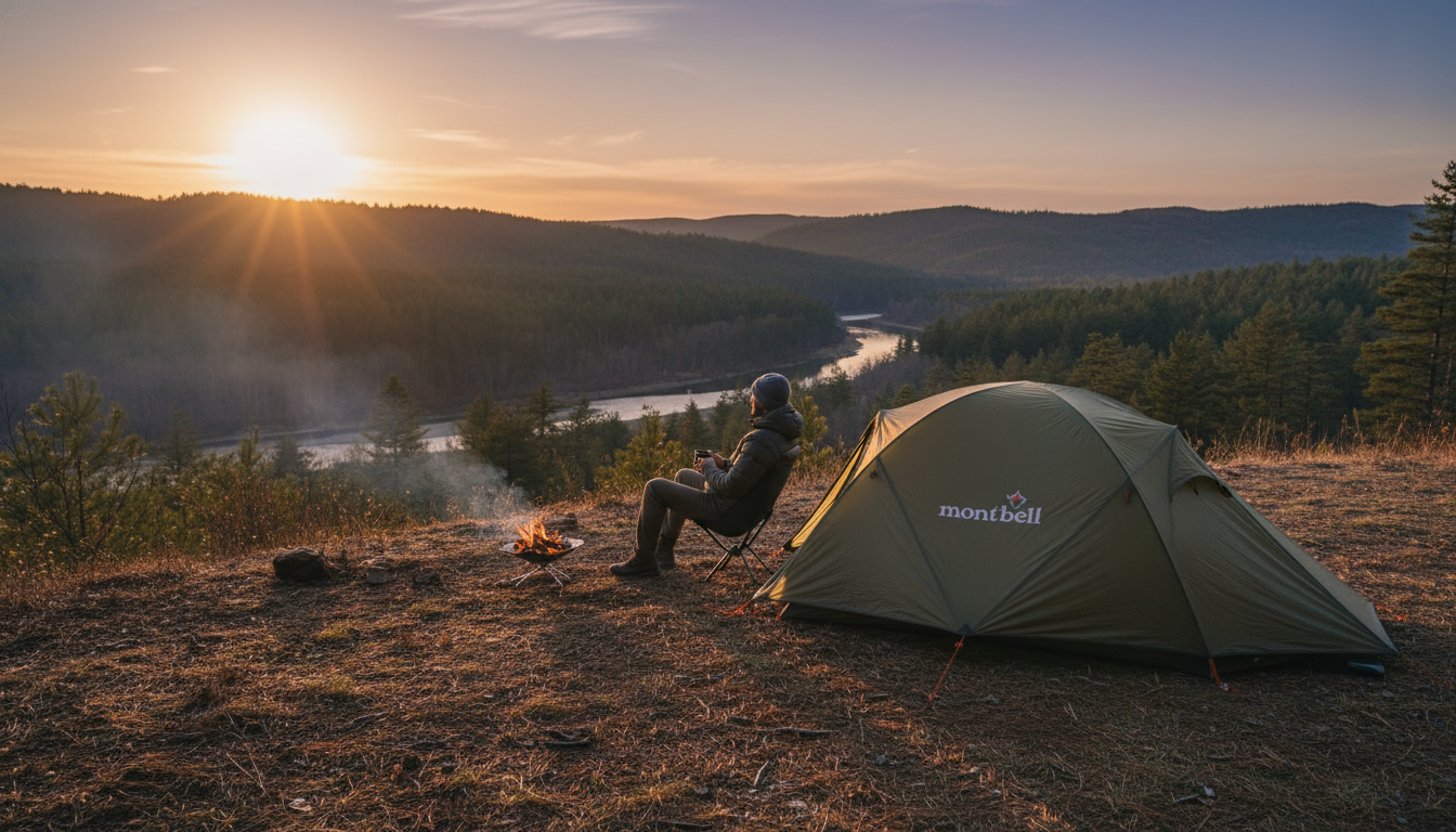 モンベル ソロテントの横で夕暮れ時にリラックスするソロキャンパーの様子
