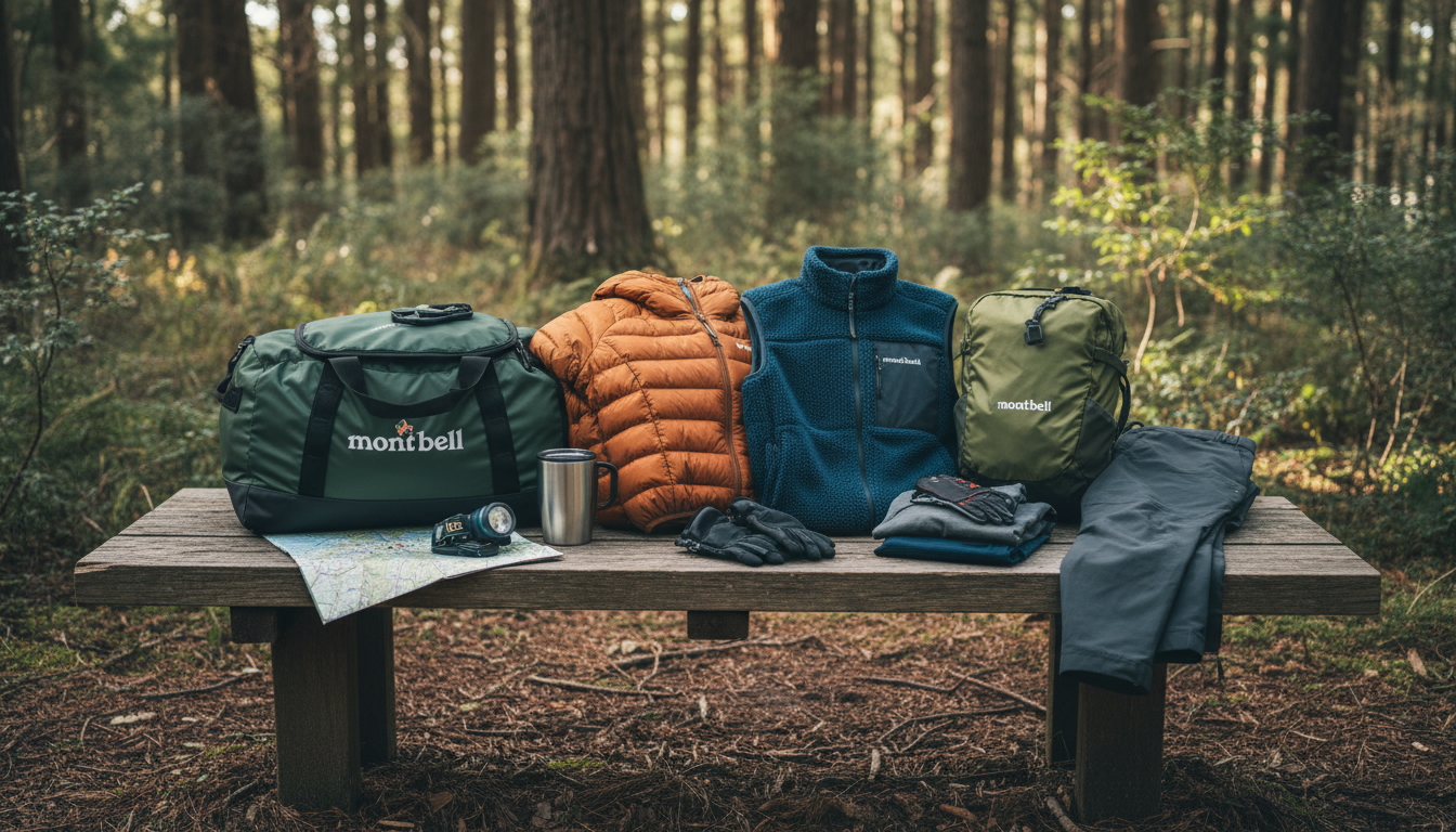 モンベル福袋2026中身のイメージとなる、木製のベンチに置かれた高品質なアウトドアウェア