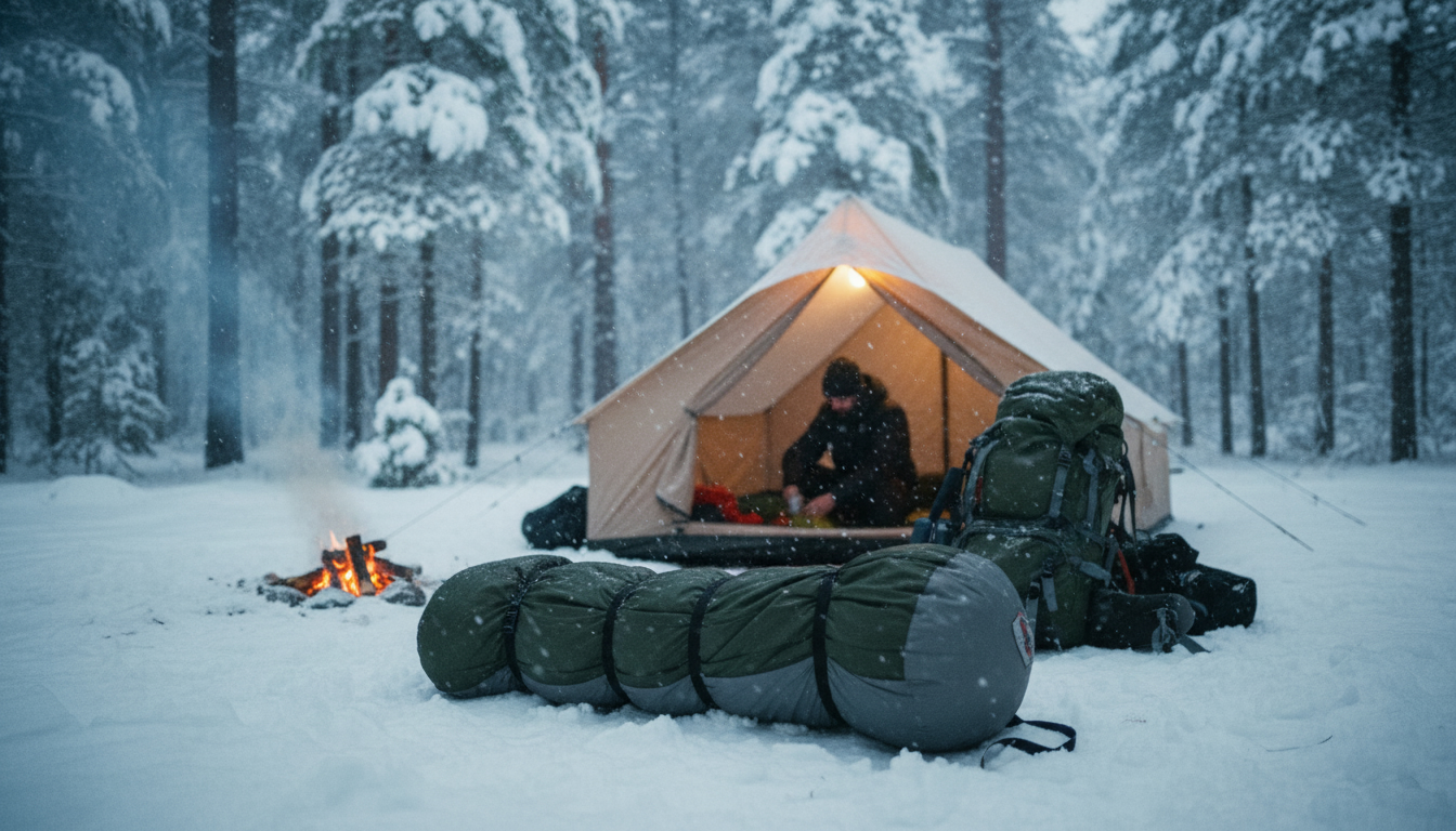 寝袋を圧縮袋で軽量コンパクトにまとめて快適に過ごす冬のキャンプ。雪に包まれた森の中で暖かく光るテントの風景。
