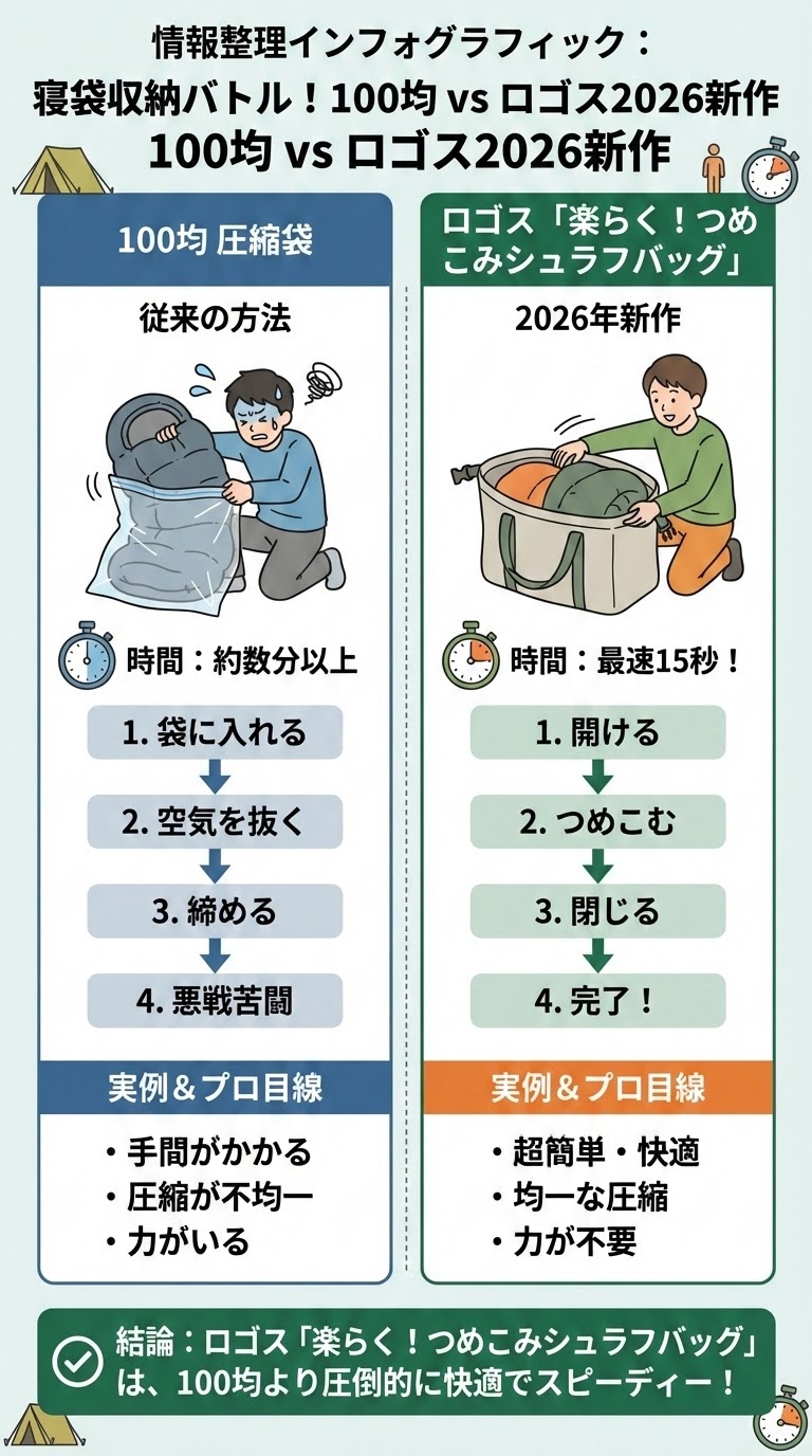 寝袋と圧縮袋は100均で十分?ロゴスの新作収納バッグでキャンプの片付けを時短する様子