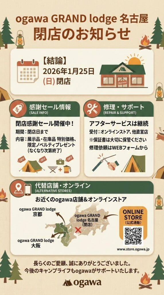 ogawa GRAND lodge 名古屋 閉店 いつ