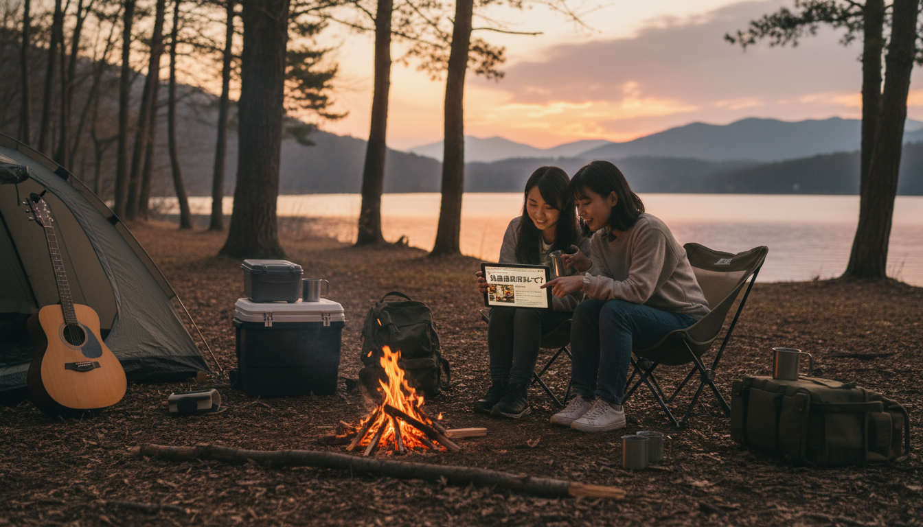 名古屋閉店はいつかを知り、次のキャンプへの期待を膨らませるような、夕暮れ時の穏やかなキャンプサイトの風景です。