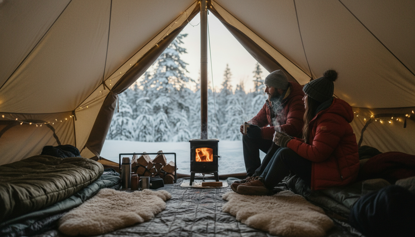 おこもりキャンプの防寒対策でポカポカ快適なテント内部の様子