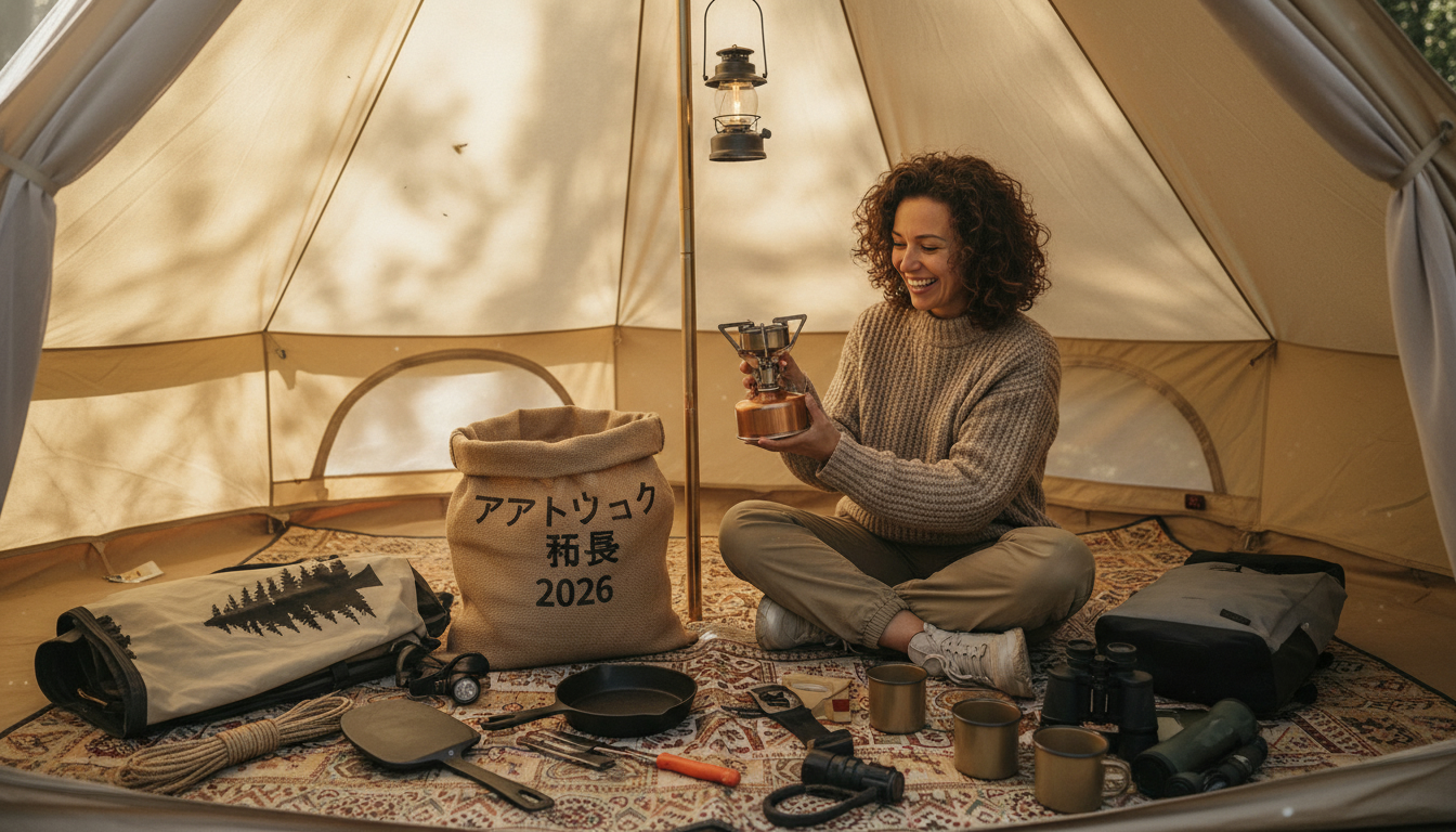 アウトドア福袋の中身2026で手に入れたキャンプギアを、テントの中で嬉しそうに確認している女性の様子を描いた温かい雰囲気の画像です。