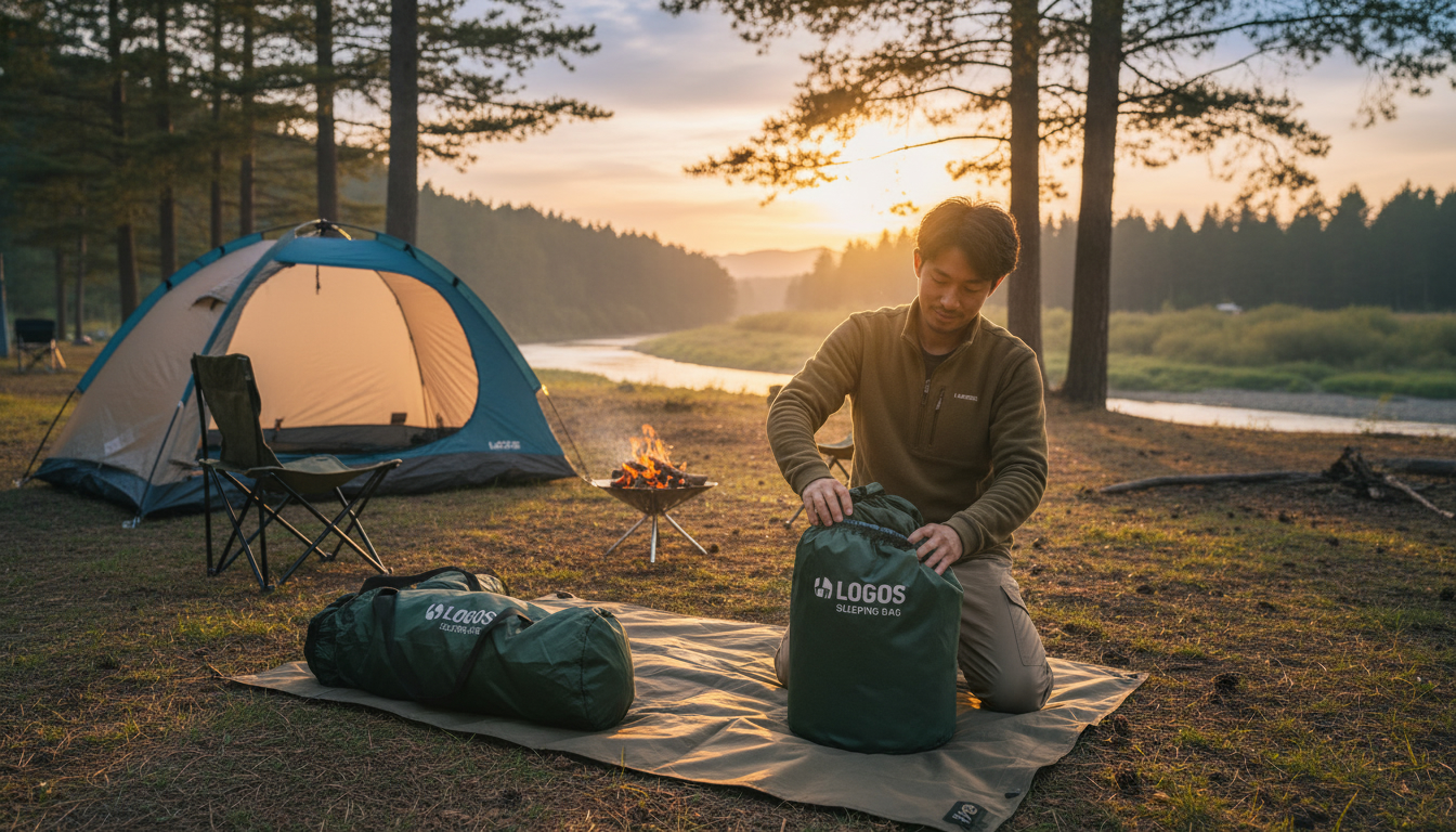 ロゴス寝袋収納袋の選び方をマスターして、テントの片付けが早く終わり、焚き火を眺めながらゆったりと過ごせるようになった夕暮れのキャンプ場の風景。