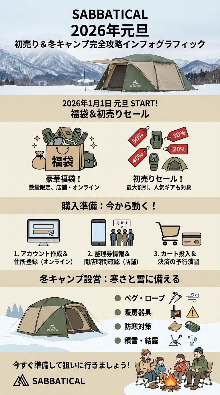 サバティカルの初売りセールで手に入る人気のTCテントが雪の積もるキャンプ場に美しく設営されている風景