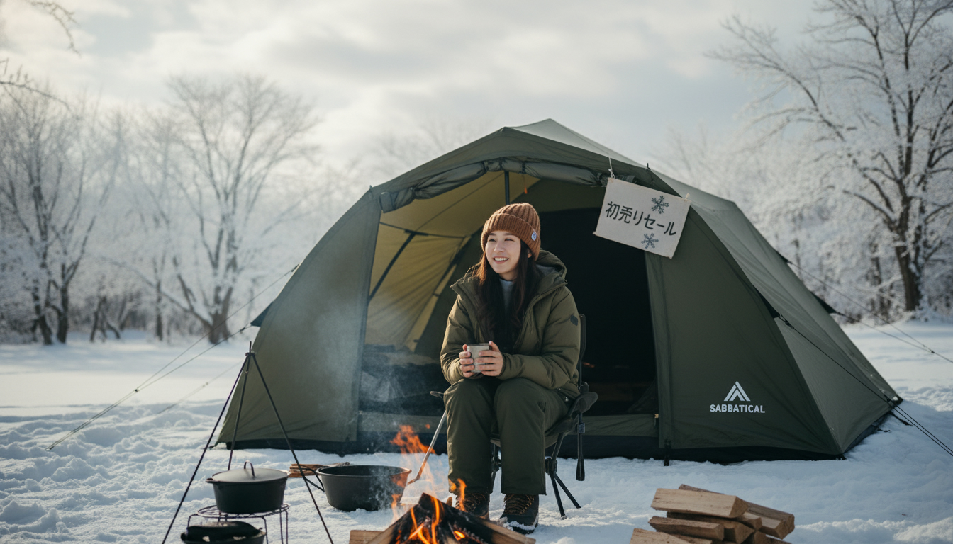 サバティカルの初売りセールをきっかけに冬のキャンプを満喫する女性キャンパーの安心した表情