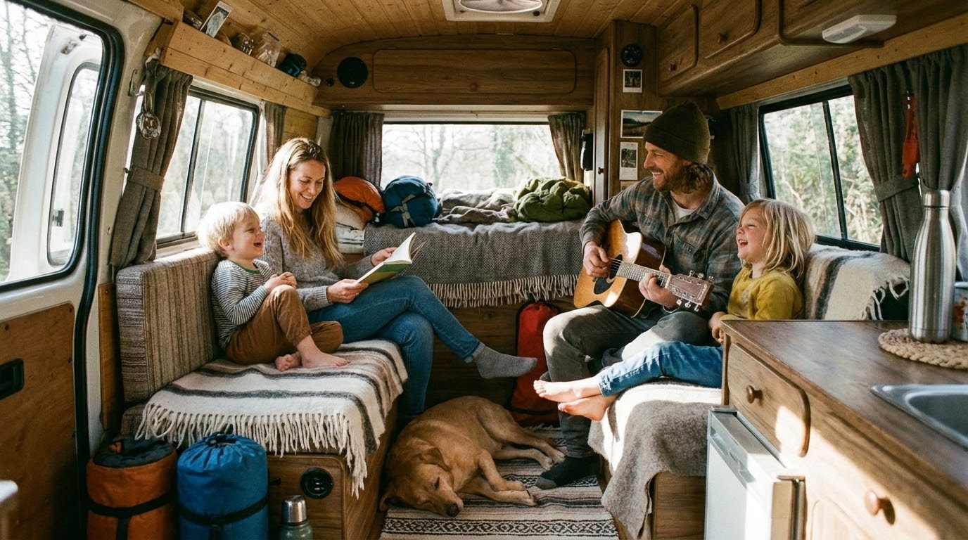 車中泊ファミリーレイアウトで家族4人が笑顔でくつろいでいる様子
