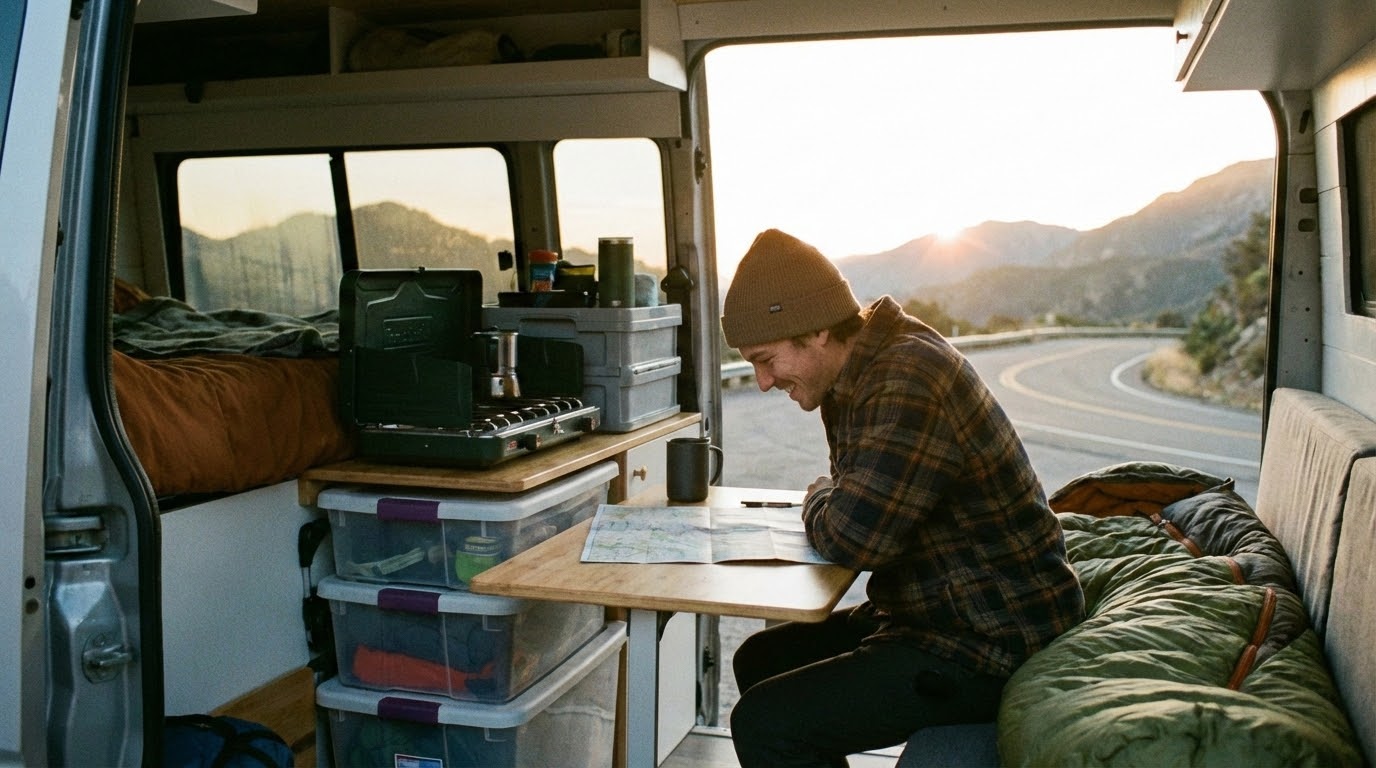 車中泊の朝、整理された荷物と出発のワクワク感