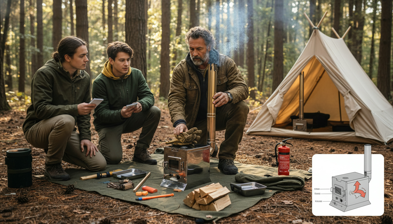 雪景色の冬キャンプでテント内に設置された小型薪ストーブの暖かい炎