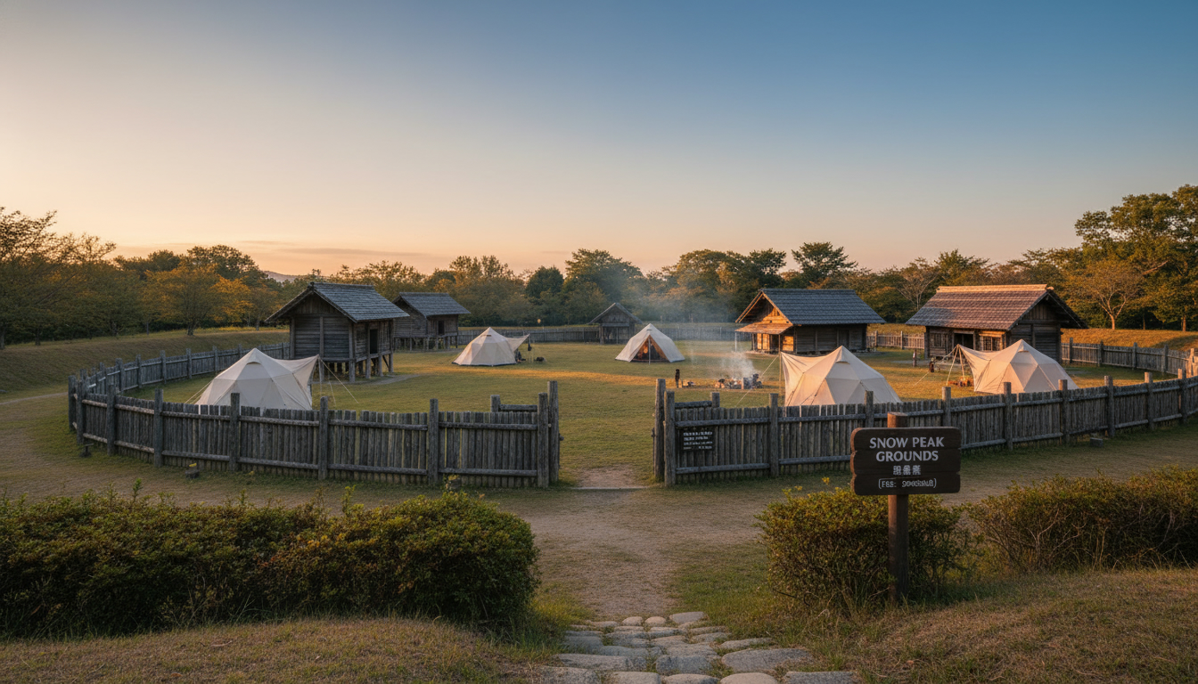 スノーピーク グラウンズ吉野ヶ里 料金のイメージとなる歴史的な遺跡とテントの風景