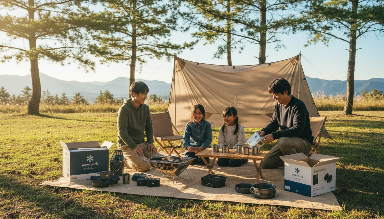 スノーピークの野遊びセットを比較して手に入れたギアを、家族で楽しそうに広げる様子。