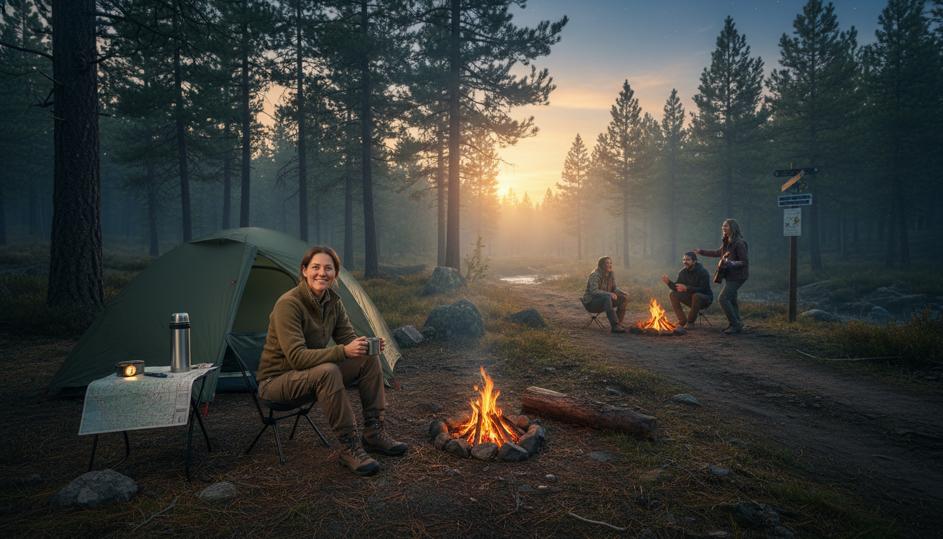 夕暮れのキャンプ場で焚き火をしながら近くのキャンパーに笑顔で挨拶をするソロキャンプ仲間作りのイメージ