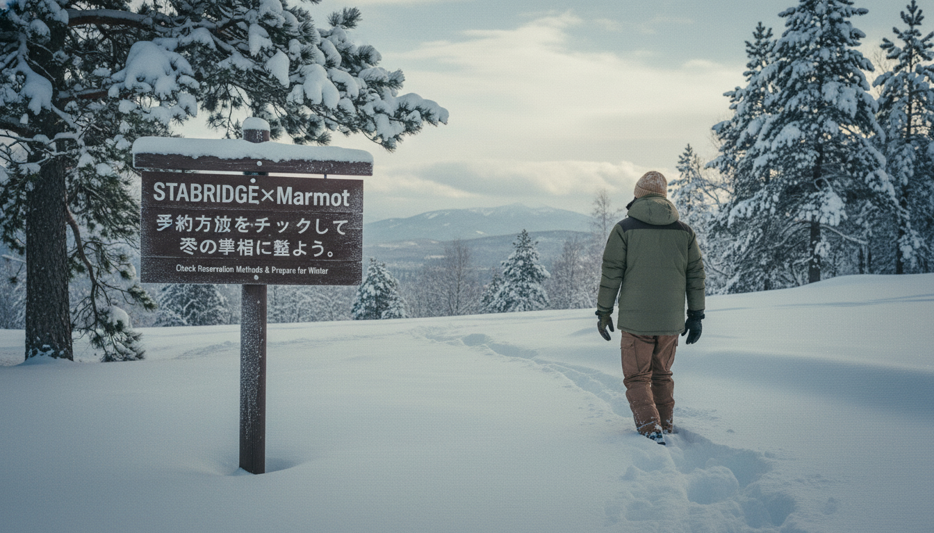 STABRIDGE×Marmot予約方法をチェックして冬の準備を整え、雪景色の中を温かい服装で歩く穏やかな風景。