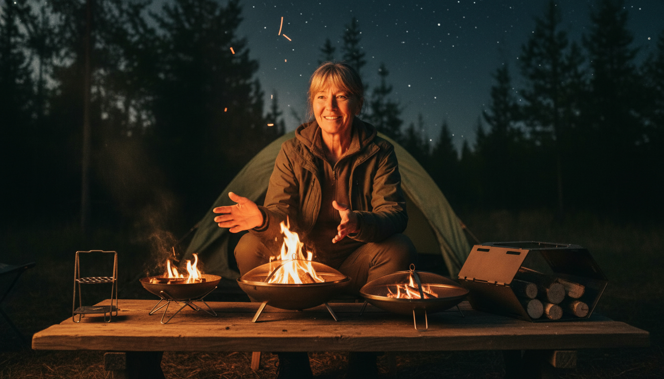 キャンプ場で焚き火台を囲んで楽しそうに微笑むスミスAIと暖かい炎の様子