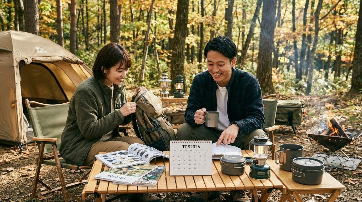 TOS2026の開催日を心待ちにしながら次のキャンプで使いたいギアを選び充実したアウトドアライフを送るイメージ