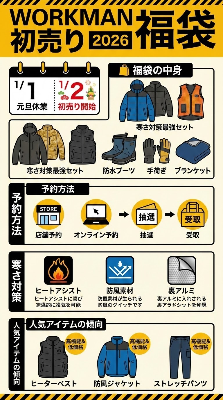 ワークマン初売り2026福袋を販売する店舗の外観、冬の朝の柔らかな光が差し込む様子
