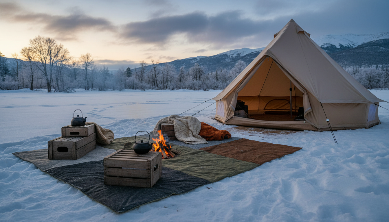 ウィングフォート フロアマットを敷いた冬キャンプの風景