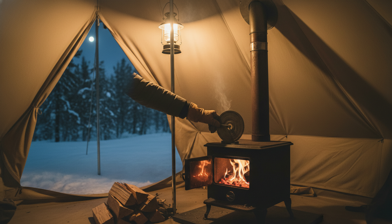 薪ストーブの煙対策をして快適に過ごすキャンプサイトの様子