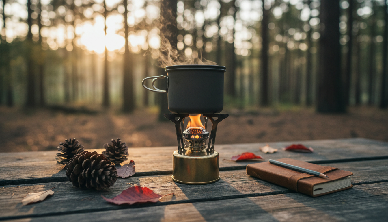 真鍮製のアルコールストーブで静かにお湯を沸かしているキャンプの様子