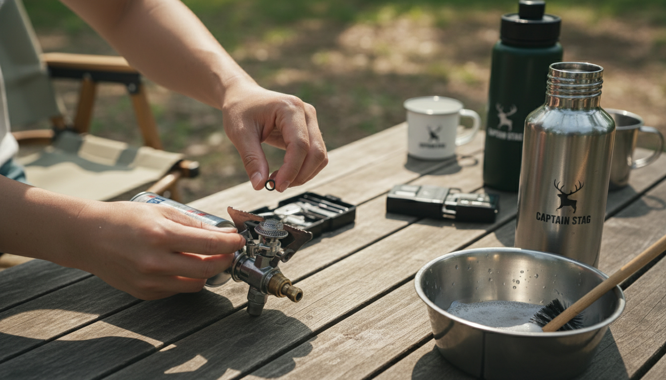 キャプテンスタッグ製品のメンテナンス風景、ガスバーナーとステンレスボトルの手入れ