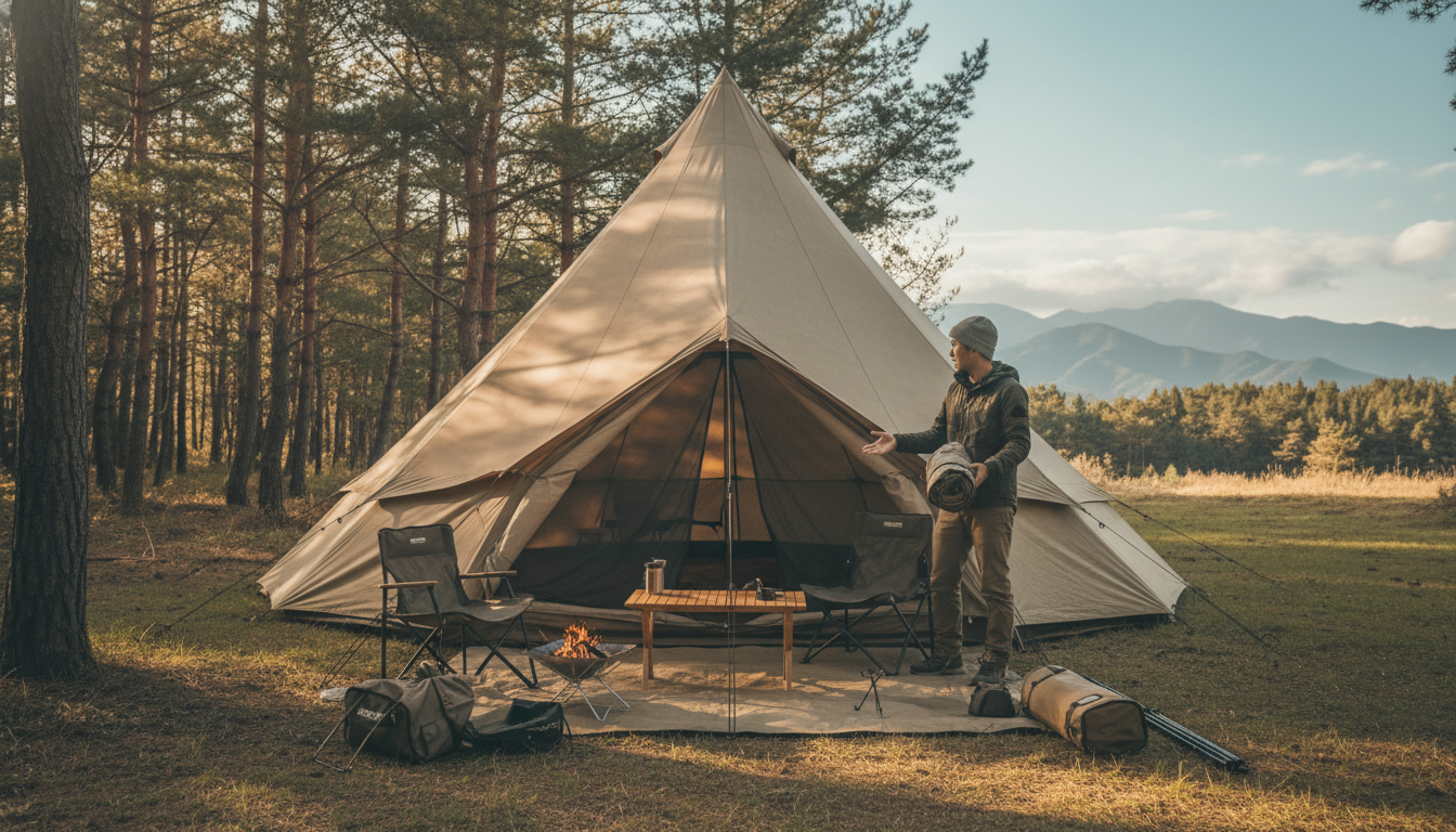 森の中のキャンプ場で設営されたサーカスTCと快適なインナーテントの様子
