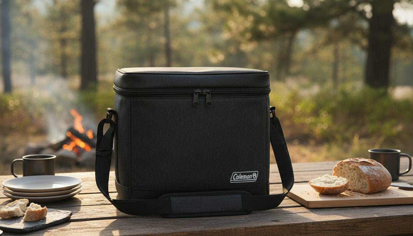 キャンプ場のテーブルに置かれたコールマンのデイリークーラー10lの新色ブラック