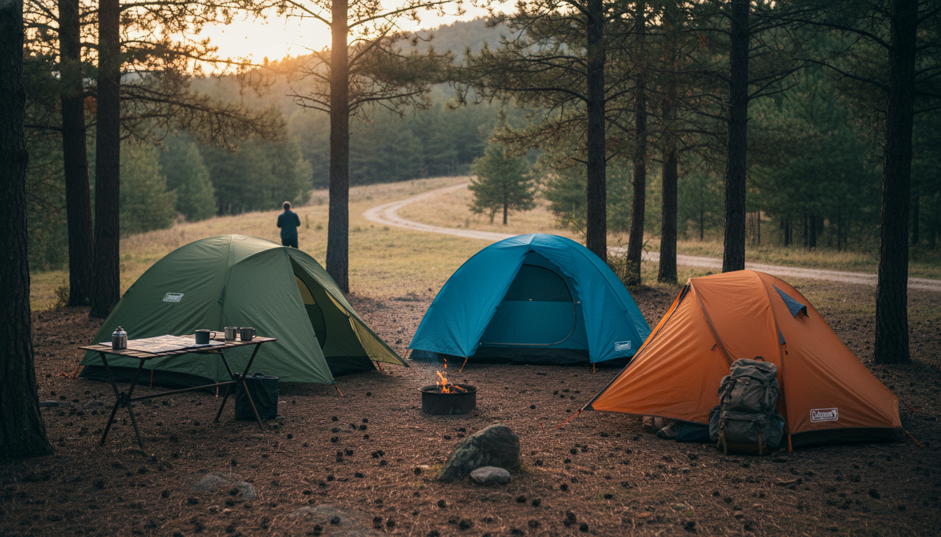 森の中でコールマンのソロテントおすすめモデルを設営し朝のコーヒーを楽しむ様子
