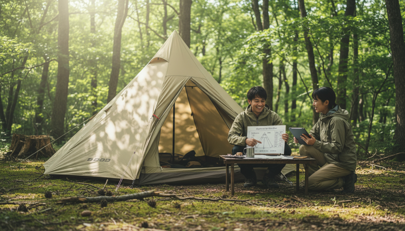 自然の中にあるDOD風のワンポールテントとキャンプギアの風景
