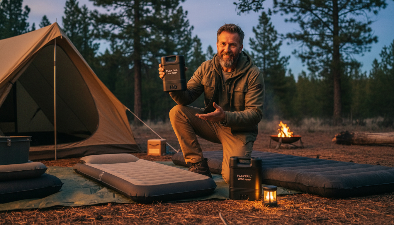 テント内でFLEXTAILの電動ポンプを使ってエアマットを膨らませている様子。FLEXTAIL 使い方。