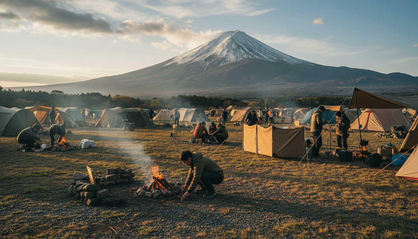 富士山キャンプ場おすすめ：草原サイトに張られたテントと雄大な富士山
